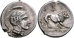 Greek LUCANIA. Velia. Circa 300-280 BC. Didrachm or Nomos (Silver, 21 mm, 7.59 g, 5 h). Head of Athena to right, wearing crested Attic helmet decorated with a griffin springing right on the bowl; abov
