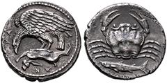 Greek SICILY. Akragas. Circa 420-410 BC. Hemidrachm (Silver, 15 mm, 2.00 g, 8 h). AK-PA Eagle standing left, wings spread and head lowered, tearing at dead hare held in its talons. Rev. Crab; below, f