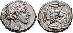 Greek SICILY. Leontini. Circa 450-440 BC. Tetradrachm (Silver, 26 mm, 17.31 g, 7 h). Laureate head of Apollo to right. Rev. 𐤋E-O-NTI-NO-N Head of a lion with open jaws to right; around, four barley g