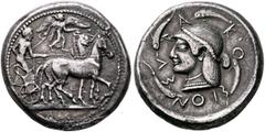 Greek SICILY. Syracuse. Deinomenid Tyranny, 485-466 BC. Tetradrachm (Silver, 26 mm, 17.11 g, 12 h), circa 485-483. Charioteer driving quadriga walking to right, holding kentron in his right hand and r