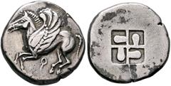 Greek CORINTHIA. Corinth. Circa 550-500 BC. Stater (Silver, 22 mm, 8.45 g). Pegasos flying left; below, Ϙ. Rev. Quadripartite incuse square with swastika pattern. BCD Corinth 3. Calciati 39. HGC 4, 18