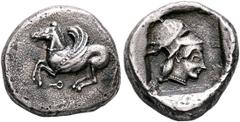 Greek CORINTHIA. Corinth. Circa 500-450 BC. Stater (Silver, 19 mm, 8.32 g, 2 h). Bridled Pegasos, with curved wing, flying left; below, Ϙ. Rev. Head of Athena to right, wearing crestless Corinthian he
