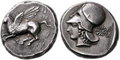Greek CORINTHIA. Corinth. Circa 400-375 BC. Stater (Silver, 18 mm, 8.59 g, 12 h). Pegasos flying left; below, Ϙ. Rev. Head of Athena to left, wearing Corinthian helmet; behind neck guard, palmette. BC