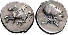 Greek CORINTHIA. Corinth. Circa 375-300 BC. Stater (Silver, 23 mm, 8.52 g, 9 h). Pegasos flying left; below, Ϙ. Rev. Head of Athena to right, wearing Corinthian helmet; behind neck guard, N and prow r