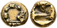 Greek IONIA. Uncertain. Circa 600-550 BC. Hekte or 1/6 Stater (Electrum, 10 mm, 2.31 g), Phokaic standard. Fibula with large beads. Rev. Rough incuse square. Boston MFA 1791. Rosen -, cf. 338-9 (1/24 