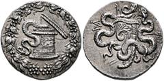 Greek LYDIA. Sardes. Circa 166-67 BC. Cistophorus (Silver, 27 mm, 12.66 g, 12 h), circa 160-150. Cista mystica from which snake coils; around, ivy wreath with fruits. Rev. Two snakes coiled around a b