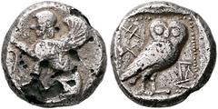 Greek CYPRUS. Idalion (?). 450/49 BC. Drachm (Subaeratus, 15 mm, 3.27 g, 6 h). Sphinx seated to left, resting her right forepaw on a lotus tendril with flower and bud. Rev. 𐠯𐠞 ('pa-ti' (?) in Cyprio