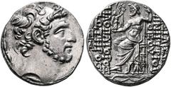 Greek SELEUKID KINGS. Demetrios III Eukairos, 97/6-88/7 BC. Tetradrachm (Silver, 28 mm, 15.91 g, 1 h), Antiochia on the Orontes, perhaps 88/7. Diademed head of Demetrios III to right. Rev. [BA]ΣIΛEΩΣ 