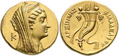 Greek PTOLEMAIC KINGS OF EGYPT. Arsinoe II, wife of Ptolemy II, died 270 BC. Mnaieion or Oktadrachm (Gold, 29 mm, 28.00 g, 12 h), Alexandria, struck under Ptolemy V and/or Ptolemy VI, circa 193/2-178/