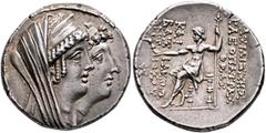 The Basileia Hellenika Collection of Exceptional Tetradrachms SELEUKID KINGS. Kleopatra Thea & Antiochos VIII, 126/5-121/0 BC. Tetradrachm (Silver, 30 mm, 16.67 g, 12 h), Ake-Ptolemais, circa 125/4. J