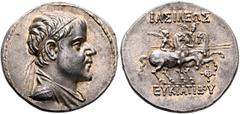 The Basileia Hellenika Collection of Exceptional Tetradrachms BAKTRIA, Greco-Baktrian Kingdom. Eukratides I, circa 170-145 BC. Tetradrachm (Silver, 31 mm, 17.00 g, 12 h), Baktra, circa 170-162. Diadem