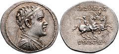 The Basileia Hellenika Collection of Exceptional Tetradrachms BAKTRIA, Greco-Baktrian Kingdom. Eukratides I, circa 170-145 BC. Tetradrachm (Silver, 33 mm, 17.00 g, 12 h), Baktra, circa 170-162. Diadem