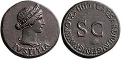Roman Imperial Julia Augusta (Livia), Augusta, 14-29. Dupondius (Orichalcum, 28 mm, 15.37 g, 6 h), Rome, struck under Tiberius, 22-23. IVSTITIA Diademed and draped bust of Julia Augusta (Livia) as Jus