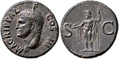 Roman Imperial Agrippa, died 12 BC. As (Copper, 28 mm, 11.10 g, 6 h), Rome, struck under Caligula, 37-41. M•AGRIPPA•L•F•COS•III Head of Agrippa to left, wearing rostral crown. Rev. S - C Neptune, nude