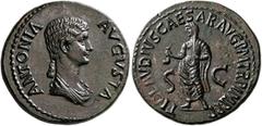 Roman Imperial Antonia Minor, Augusta, 37 and 41. Dupondius (Orichalcum, 32 mm, 16.75 g, 6 h), Rome, struck under Claudius, 42-43. ANTONIA AVGVSTA Draped bust of Antonia to right. Rev. TI CLAVDIVS CAE