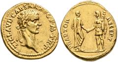 Roman Imperial Claudius, 41-54. Aureus (Gold, 20 mm, 7.82 g, 7 h), Lugdunum, 41-42. TI CLAVD•CAESAR•AVG•P•M•TR•P• Head of Claudius to right, wearing oak wreath. Rev. PRAETOR RECEPT Claudius, bare-head