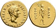 Roman Imperial Vespasian, 69-79. Aureus (Gold, 19 mm, 7.34 g, 6 h), uncertain Spanish mint (Tarraco?), 69-70. IMP•CAESAR•AVG•VESPASIANVS• Laureate head of Vespasian to right. Rev. MARS / VLTOR Mars ad
