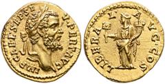 Roman Imperial Septimius Severus, 193-211. Aureus (Gold, 20 mm, 7.26 g, 6 h), Rome, 193. IMP CAE•L•SEP•SE-V•PERT•AVG Laureate head of Septimius Severus to right. Rev. LIBERA-L•A-VG•COS Liberalitas sta