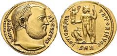 Roman Imperial Licinius I, 308-324. Aureus (Gold, 19 mm, 5.31 g, 12 h), Nicomedia, 312. LICINIVS AVGVSTVS Laureate head of Licinius I to right. Rev. IOVI CONSER-VATORI AVGG / SMN Jupiter standing fron