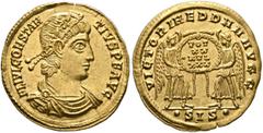 Roman Imperial Constantius II, 337-361. Solidus (Gold, 22 mm, 4.50 g, 6 h), Siscia, circa 340-350. FL IVL CONSTAN-TIVS P F AVG Laurel-and-rosette-diademed, draped and cuirassed bust of Constantius II 