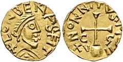 Early Medieval Coins MEROVINGIANS. St. Bertrand-de-Comminges, probably after 582/3. Triens (Gold, 14 mm, 1.41 g, 6 h), Nonnitus, moneyer. ✠ CONBENAS FIT Diademed and draped bust to right. Rev. ✠ NONNI