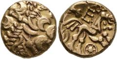 Celtic CELTIC, Britain. Atrebates & Regni. Commius, circa 45-30 BC. Stater (Gold, 16 mm, 5.42 g, 12 h), E-Type. Wreath pattern with crescents. Rev. [COMMIOS] Disjointed triple-tailed horse to right; b