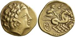 Celtic CELTIC, Northwest Gaul. "Armoricans". 3rd Century BC. Stater (Gold, 21 mm, 7.56 g, 12 h), imitating Philip II of Macedon. Laureate head of Apollo to right. Rev. Charioteer to right; to right, s