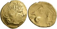 Celtic CELTIC, Northwest Gaul. Andecavi. Circa 100-50 BC. Stater (Gold, 21 mm, 7.52 g, 5 h). Celticized head of Apollo to right, ornaments around. Rev. Nike, holding long, trident-shaped whip, in char