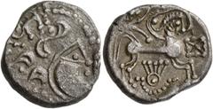 Celtic CELTIC, Northwest Gaul. Baiocassi. 2nd-1st century BC. Stater (Silver, 20 mm, 6.25 g, 9 h). Celticized head to right; boar atop. Rev. Devolved charioteer in biga right; 'vexillum' suspended to 