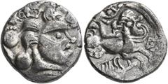 Celtic CELTIC, Northwest Gaul. Baiocassi. 2nd-1st century BC. Stater (Billon, 20 mm, 6.09 g, 1 h), Ogmios and Boar Type. Celticized head to right; boar atop. Rev. Human-headed horse galloping right; b