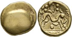 Celtic CELTIC, Northeast Gaul. Ambiani. Circa 60-50 BC. Stater (Gold, 16 mm, 6.18 g), Gallo-Belgic E-Type. Blank convex surface, with traces of design around the edges. Rev. Disjointed horse right, wi