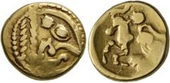 Celtic CELTIC, Northeast Gaul. Bellovaci. Circa 60-30/25 BC. Stater (Electrum, 18 mm, 6.02 g, 3 h). Celticized head to right, with prominent nose and big eye. Rev. Celticized horse to left; above and 