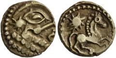 Celtic CELTIC, Northeast Gaul. Bellovaci. Circa 60-30/25 BC. 1/4 Stater (Gold, 11 mm, 1.38 g, 3 h), 'Quart à l'astre' Type. Abstracted face right, with huge eye; to left, torques and radiant sun. Rev.