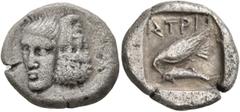 Greek MOESIA. Istros. Circa mid 5th century BC. Didrachm (Silver, 20 mm, 7.87 g, 11 h), Attic standard. Two facing male heads side by side, one upright and the other inverted. Rev. IΣTPI Sea eagle sta