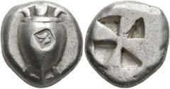 Greek ISLANDS OFF ATTICA, Aegina. Circa 525-480 BC. Stater (Silver, 19 mm, 11.89 g). Sea turtle; on shell, countermark of Akanthos flower within rectangular incuse. Rev. Incuse square with mill-sail p