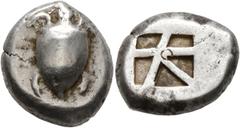 Greek ISLANDS OFF ATTICA, Aegina. Circa 480-457 BC. Stater (Silver, 20 mm, 12.27 g). Sea turtle with line of pellets in its shell. Rev. Square incuse with large skew pattern. Milbank pl. 1, 15. SNG Co