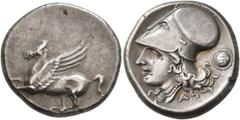Greek CORINTHIA. Corinth. Circa 335-306 BC. Stater (Silver, 21 mm, 8.48 g, 9 h). [Ϙ] Pegasus flying left. Rev. Head of Athena to left, wearing Corinthian helmet; below, A; to right, round shield. BCD 