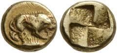 Greek MYSIA. Kyzikos. Circa 500-450 BC. Hemihekte – 1/12 Stater (Electrum, 7 mm, 0.64 g). Lion to right, gnawing on leg of prey; below, tunny to right. Rev. Quadripartite incuse square. SNG Paris -, c