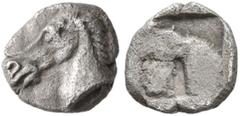 Greek AEOLIS. Kyme. Circa 480-450 BC. Tetartemorion (Silver, 6.5 mm, 0.21 g). Head of horse to left. Rev. Quadripartite incuse square. Klein 332 var. (horse to right ). Cf. Obolos 5 (2016), 286. Rosen