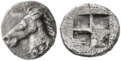 Greek AEOLIS. Kyme. Circa 480-450 BC. Tetartemorion (Silver, 6 mm, 0.23 g). Head of horse to left. Rev. Quadripartite incuse square. Klein 332 var. (horse to right ). Cf. Obolos 5 (2016), 286. Rosen -
