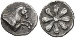Greek AEOLIS. Kyme. 4th century BC. Hemiobol (Silver, 7 mm, 0.33 g). K-Y Forepart of horse to right. Rev. Floral pattern. Klein 334 var. (pattern with six leafs). SNG Copenhagen 34. SNG von Aulock 769