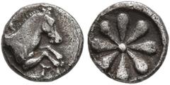 Greek AEOLIS. Kyme. 4th century BC. Hemiobol (Silver, 7 mm, 0.34 g). K-Y Forepart of horse to right. Rev. Floral pattern. Klein 334 var. (pattern with six leafs). SNG Copenhagen 34. SNG von Aulock 769
