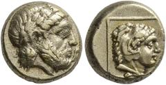 Greek LESBOS. Mytilene. Circa 377-326 BC. Hekte (Electrum, 10 mm, 2.50 g, 12 h), circa 333-326. Laureate head of Zeus to right. Rev. Head of youthful Herakles to right, wearing lion skin, within linea