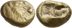 Greek KINGS OF LYDIA. Alyattes II to Kroisos, circa 610-546 BC. Trite (Electrum, 10-13 mm, 4.71 g), Sardes. Head of lion with sun and rays on its forehead to right. Rev. Two incuse squares, one larger