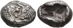 Greek KINGS OF LYDIA. Kroisos, circa 560-546 BC. 1/6 Stater (Silver, 11 mm, 1.75 g), Sardes. Confronted foreparts of lion right and bull left. Rev. Two incuse squares, one larger than the other. Berk 