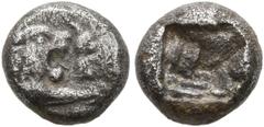 Greek KINGS OF LYDIA. Kroisos, circa 560-546 BC. 1/12 Stater (Silver, 7 mm, 0.82 g), Sardeis. Confronted foreparts of lion and bull. Rev. Incuse square. Berk 26-7. SNG Kayhan 1020-1. Traité I 413. Gra
