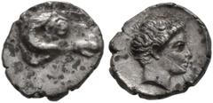 Greek CARIA. Uncertain. 4th Century BC. Hemiobol (Silver, 7 mm, 0.31 g). Head of ram to right. Rev. Head of youth to right. SNG Keckmann 867 var. (different style). With an astoundingly detailed rever