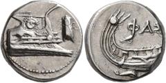 Greek LYCIA. Phaselis. 4th century BC. Stater (Silver, 21 mm, 10.41 g, 11 h). Prow to right; fighting platform decorated with facing Gorgoneion; to right, cicada. Rev. ΦAΣ Stern to left; below, dolphi