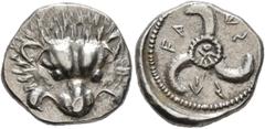 Greek DYNASTS OF LYCIA. Vekhssere II, circa 410-390/80 BC. 1/3 Stater (Silver, 15 mm, 3.05 g). Facing lion's scalp. Rev. 𐊇𐊀-𐊜𐊖-𐊖𐊁 ('Waxsse' in Lycian) Triskeles with central ring of dots; within