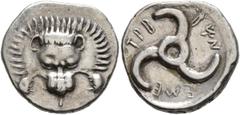 Greek DYNASTS OF LYCIA. Trbbenimi, circa 390-370 BC. 1/3 Stater (Silver, 17 mm, 3.13 g), Wedrei. Facing lion's scalp. Rev. 𐊗𐊕𐊂-𐊂𐊙𐊏-𐊆𐊎𐊆 ('Trbbãnimi' in Lycian) Triskeles. BMC 146. Müseler VIII